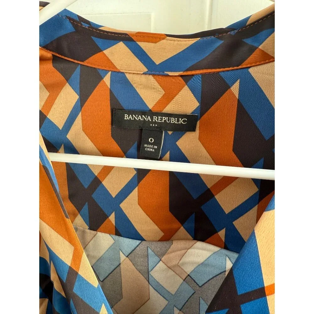 Banana Republic Blue and Orange Geometric Print Satin Wrap Dress - Picture 6 of 12